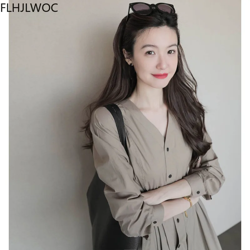 اليابان كوريا شيك تصميم تاريخ الفتيات النساء الخريف الربيع مكتب سيدة واحدة الصدر زر الصلبة لطيف طويل ماكسي الأساسية قميص فستان