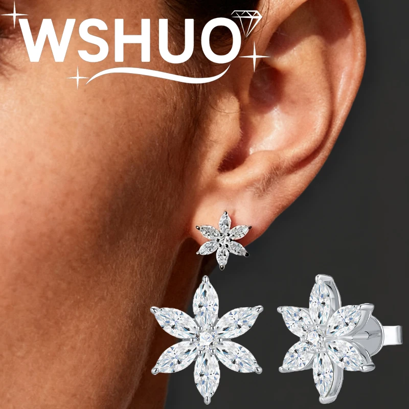 

WSHUO Full Moissanite Flower Stud Earrings for Women S925 Silver Marquise Cut Diamond Earring Fine Jewelry Gift Hypoallergenic