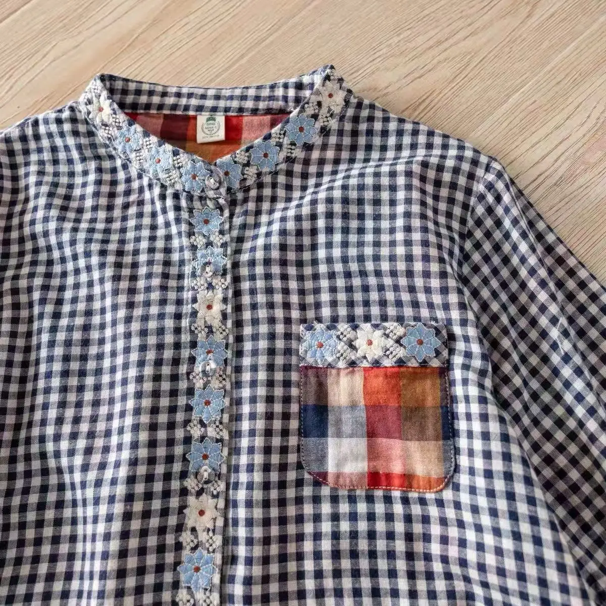 

2026 Cottagecore Gingham Shirt Blouse 100% Cotton Yarn Women's Floral Embroidered Short Sleeve Tops Women's Plaid Shirt