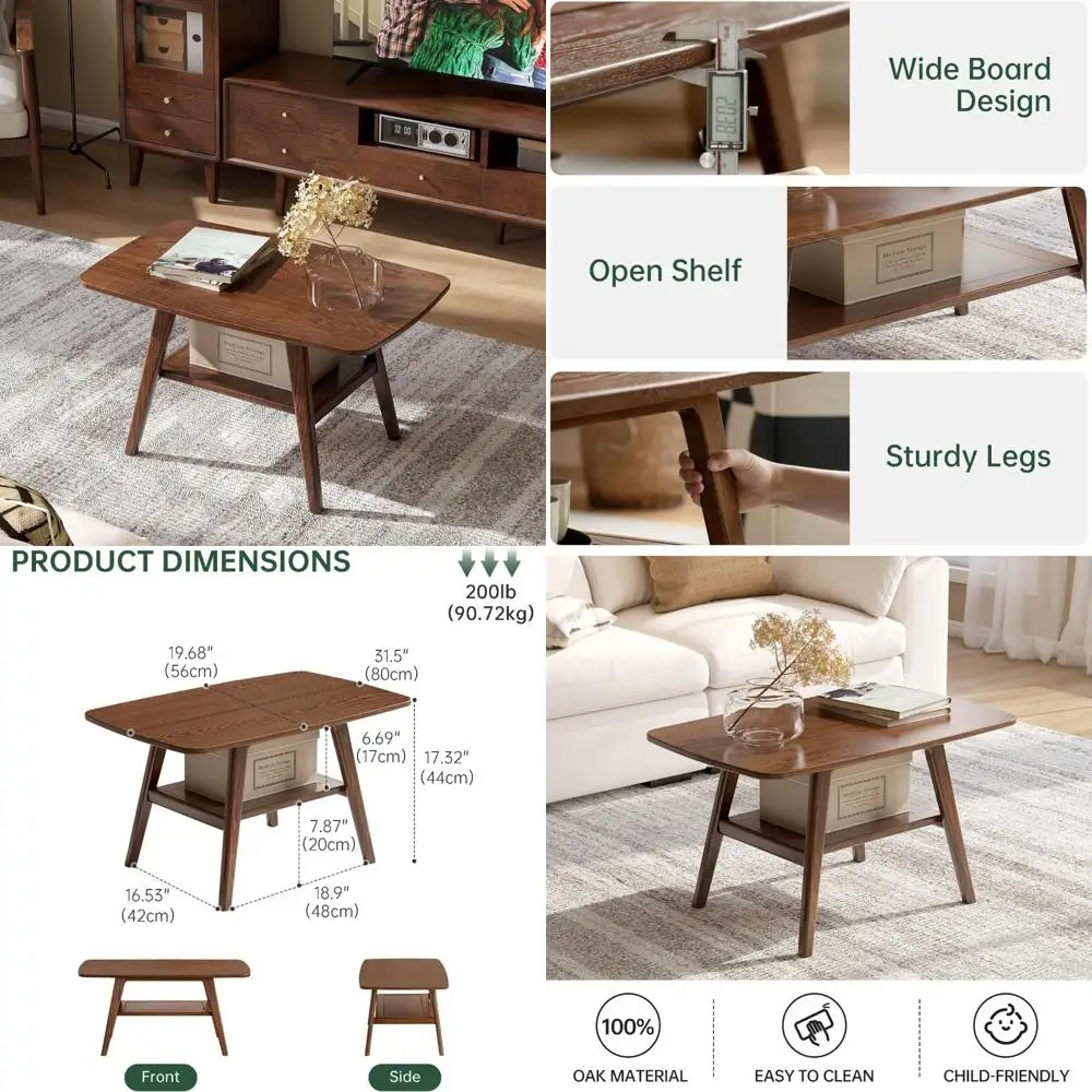 

Mid Century Modern Coffee Table with Storage Shelf, 31.5 Small Living Room Table, 100% Solid Wood Design