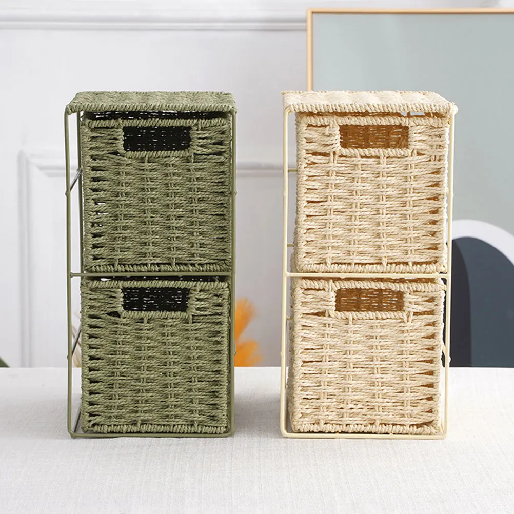 

Rattan Basket PVC Imitation Dual-layer Decor Bins Drawer Desktop Countertop Small Storage Drawers Home Organization Container