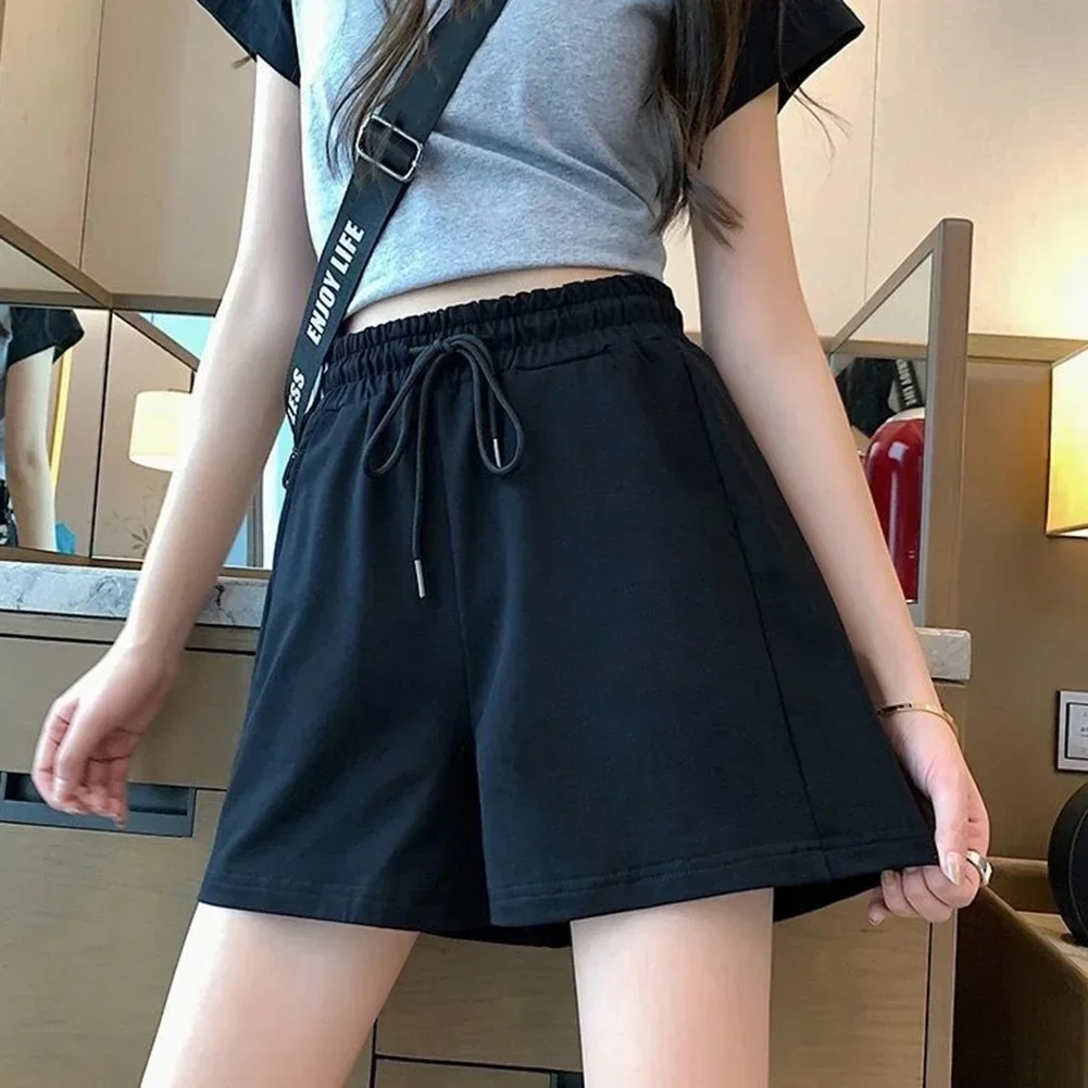Women Sports Shorts Large Size Adjustable Casual Pants Elastic Waist High-waist Korean Style Laces Loose Slimming