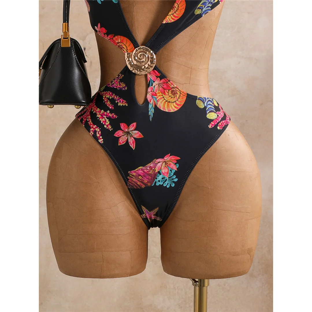 Blumenmuster, asymmetrischer Schnitt, einteiliger Badeanzug für Damen, One-Shoulder-Design, mit Ausschnitten, Monokini, Badebekleidung, Badeanzug, Modell V8370. – Detail 11