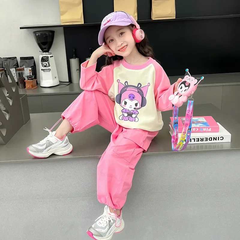 

Girly Heart Kawaii Sanrio Kuromi Anime Ins Fashion Long Sleeve Hooded Pants Set Cute Cartoon Children Shirt Clothing Gifts Kids