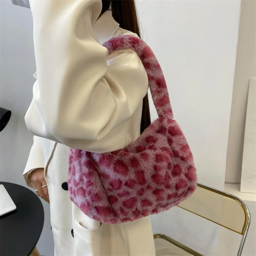 ISKYBOB Women\'s Soft Plush Shoulder Bag Winter Fashion Casual Solid Color Leopard Pattern Underarm Bag Female Handbags Tote Bag