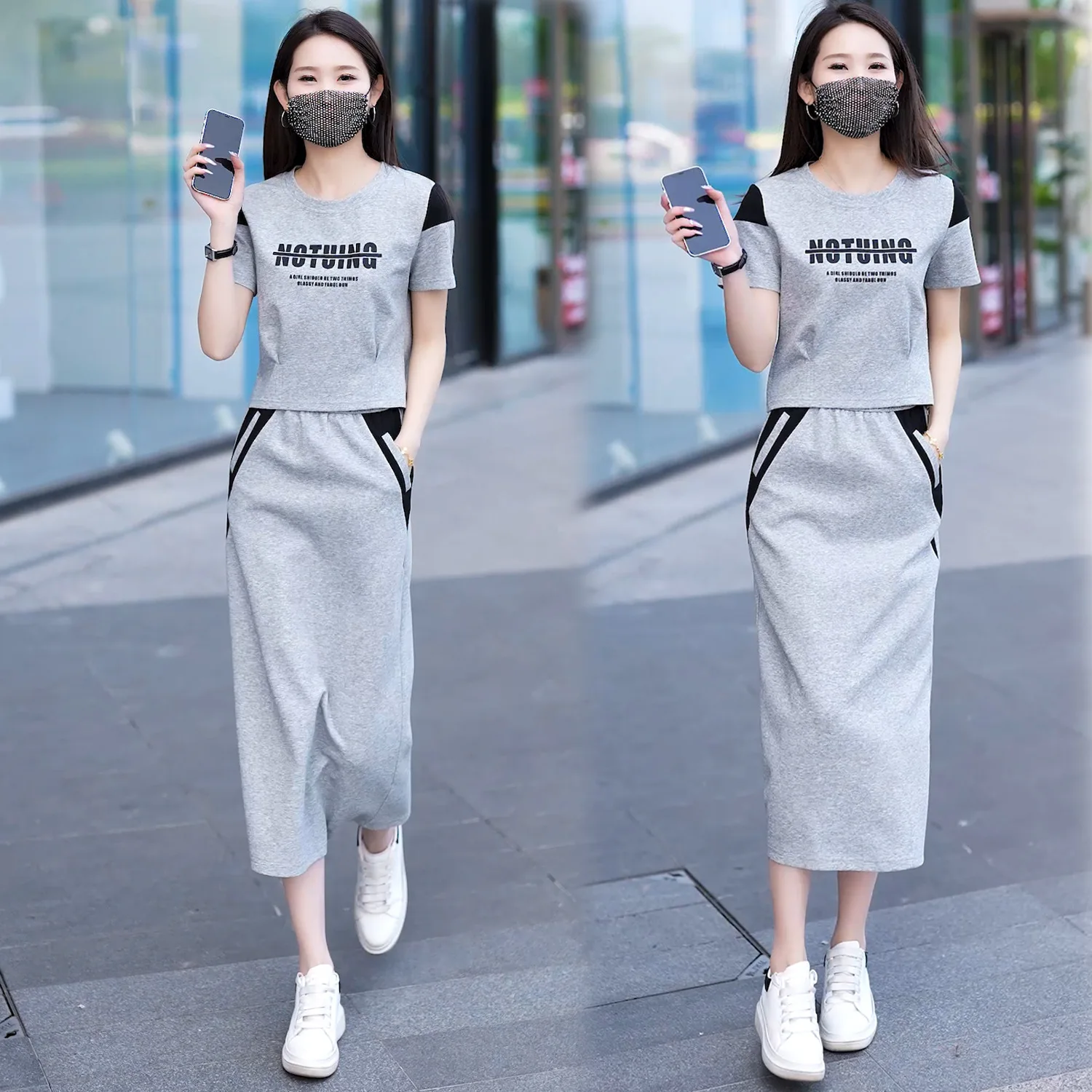 Fashion casual style suit Women\'s summer commute simple short-sleeved T-shirt skirt two-piece set 2024 summer suit