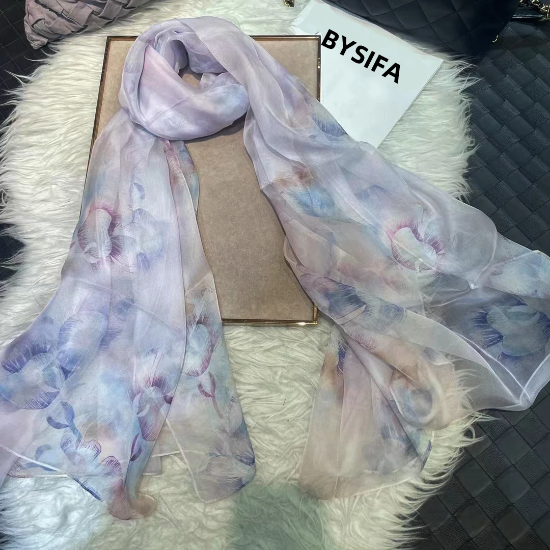 BYSIFA| 2023 New Brand Chiffon Silk Scarf White Blue Ladies 100% Silk Long Scarves Foulard Spring Summer Fashion Scarves Shawls