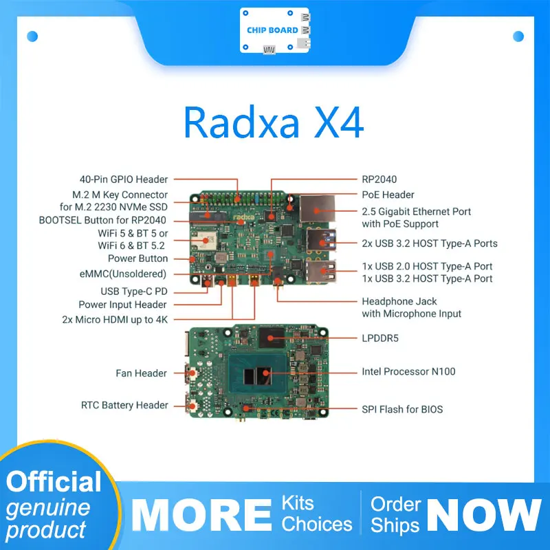 

Radxa X4: Intel N100 Single Board Computer, Dual 4K Display, 2.5GbE, PCIe 3.0 M.2, WiFi 6