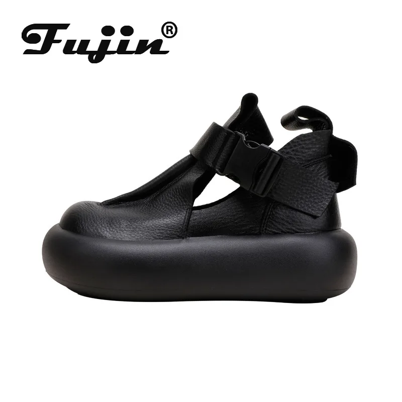 

Fujin 6.5cm Hollow Ankle Booties Motorcycle Moccasins Buckle Shoes Genuine Leather Boots Chimney Women Fashion Summer Sandals