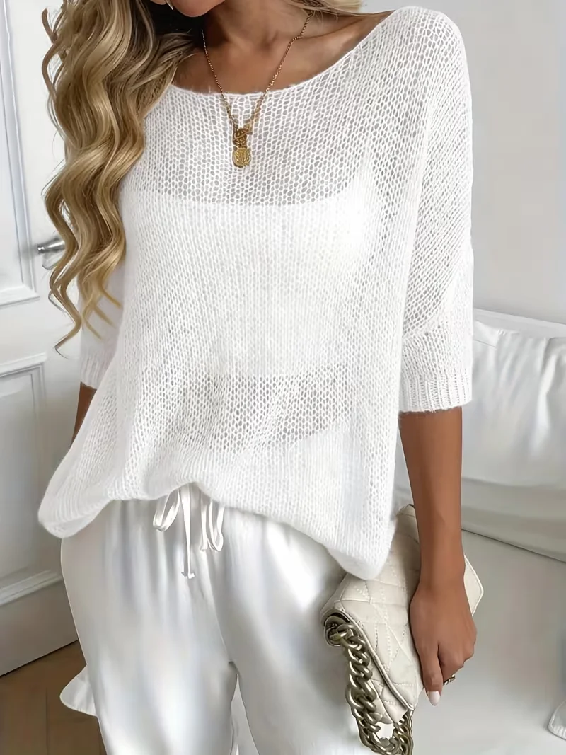 Summer Lazy Style One Neck Off Shoulder Sweater with Gentle Breathable Mesh Design, Fashionable Hollow Knitted Short Sleeve