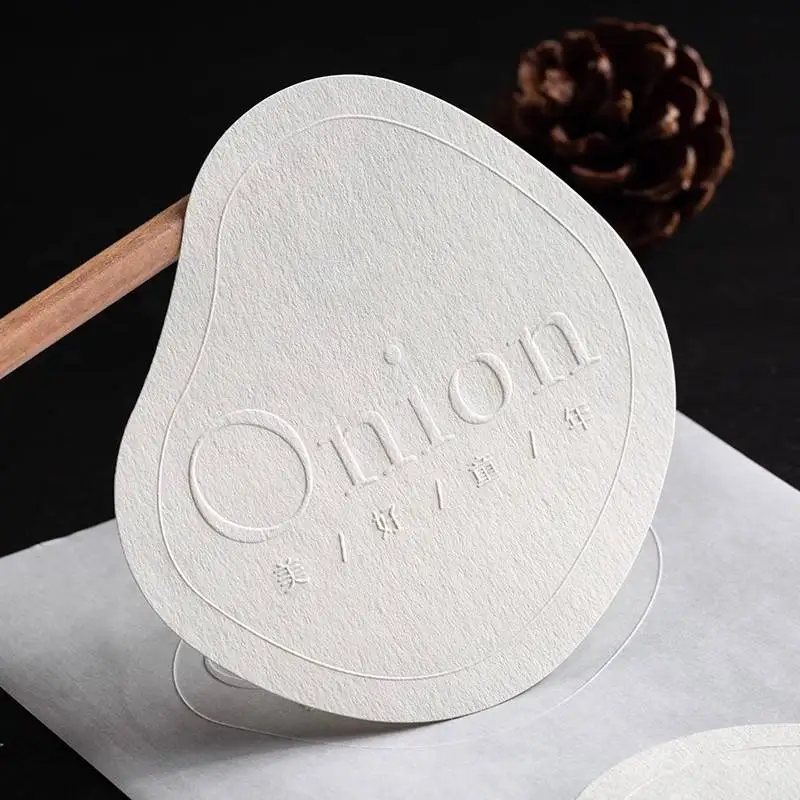 200pcs Custom Embossed Logo White Texture Paper Sticker 3D Relief Adhesive Label For Bakery Boutique Wedding Packaging
