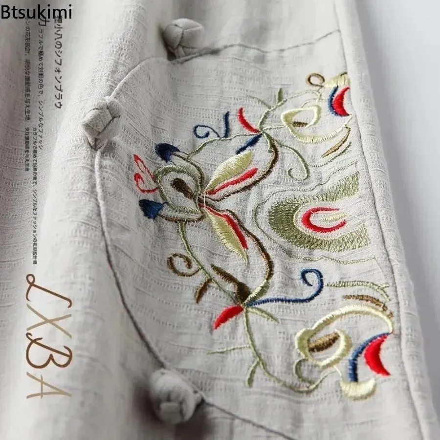 2025 damskie letnie bawełniane i lniane cienkie Pantalones spodnie dla matki hafty Retro proste spodnie Oversize 6xl spodnie szerokie nogawki