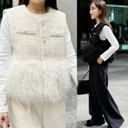 2024 New Tweed Fur Splicing Vest Jacke Women's Autumn Korean Fashion O-Neck Solid Color Sleeveless Waistcoat Chalecos Para Mujer