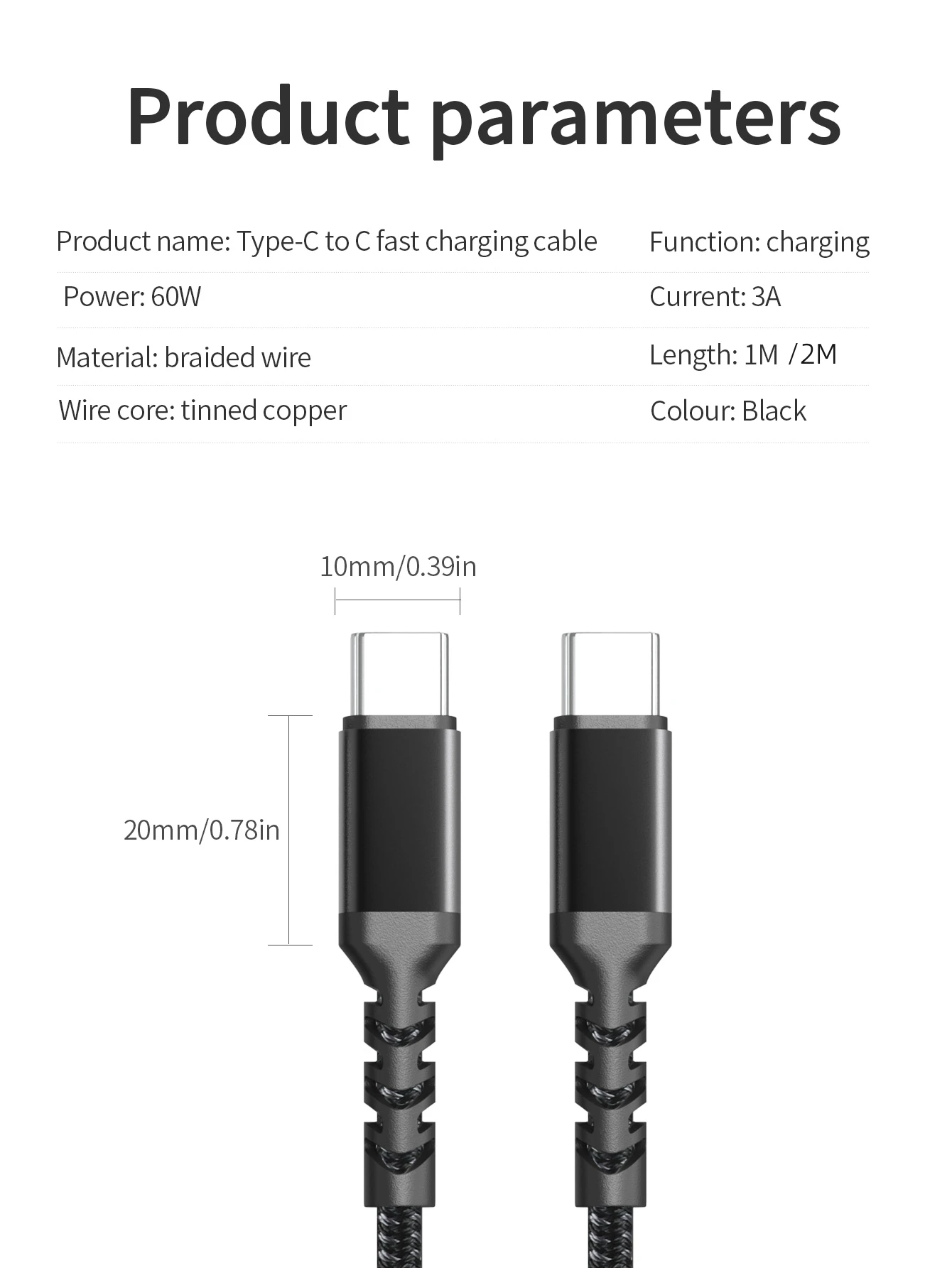 Type C to Type C Cable 60W PD Fast Charging Charger Cord Black USB C Cable for Macbook/Ipad/FCP/QC4.0 Fast Charging Type-C 3.3ft