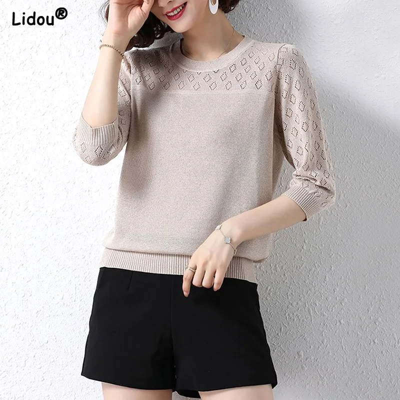 Solid Office Lady Hollow Out Round Neck Three Quarter Sleeve Casual Simplicity Temperament Autumn Winter Women's Clothing 2022