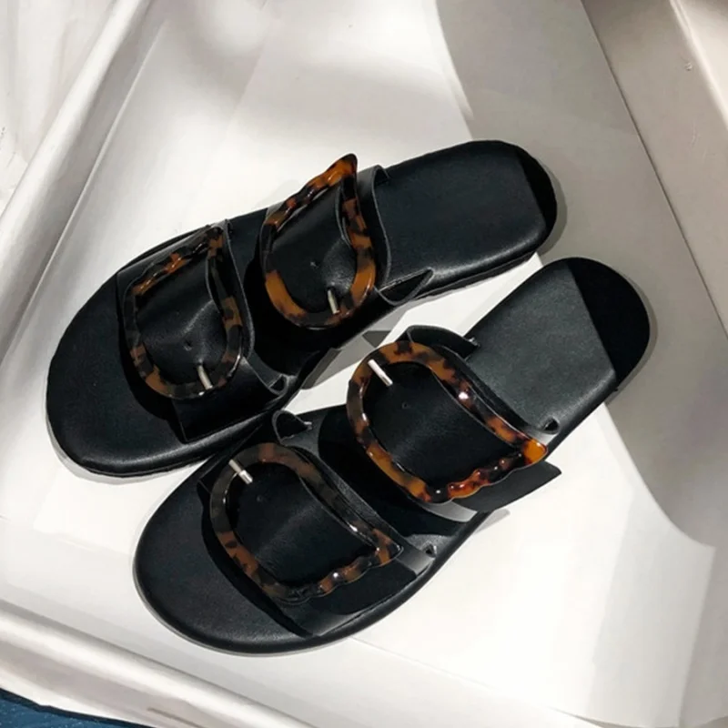 

Leopard Button Slipper Sandal Round Toe Flat Mixed Color Slip-On Fashion Elegant Concise Women Shoes