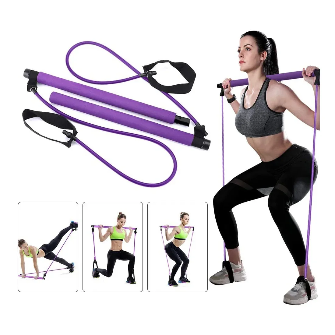 Portable Pilates Stick Exercise Kit, Heavy Duty Stretch Pull Band Home Gym Trainer for Body Shaping, Posture Correction and Dail