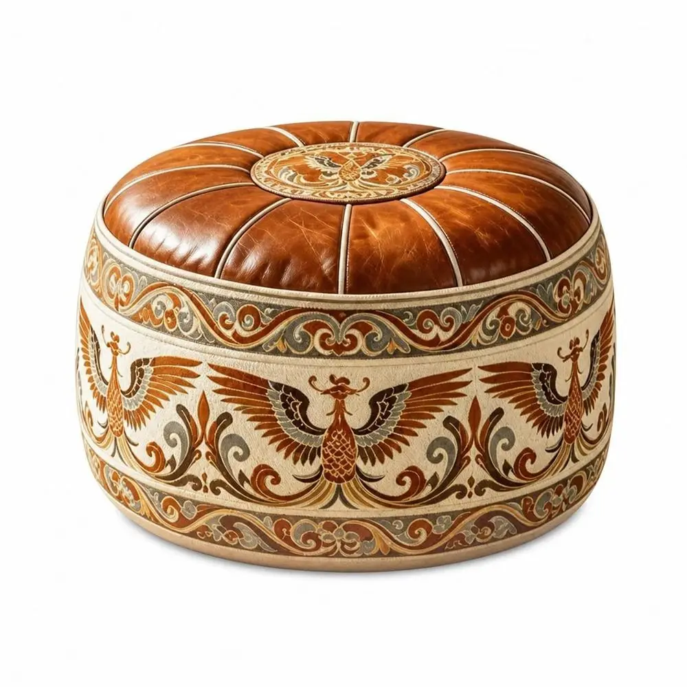 New PU Leather Fillable Ottoman Pouf Embroidered Pattern Round Shape Storage Ottoman Moroccan Style Floor Seat Cushion Home Use