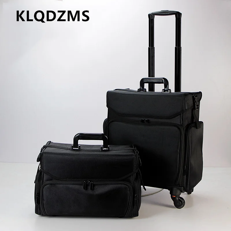 

KLQDZMS Oxford Cloth Cosmetic Case Women's Beauty Manicure Tool Box 2 in 1 Trolley Makeup Bag Universal Wheel Rolling Luggage
