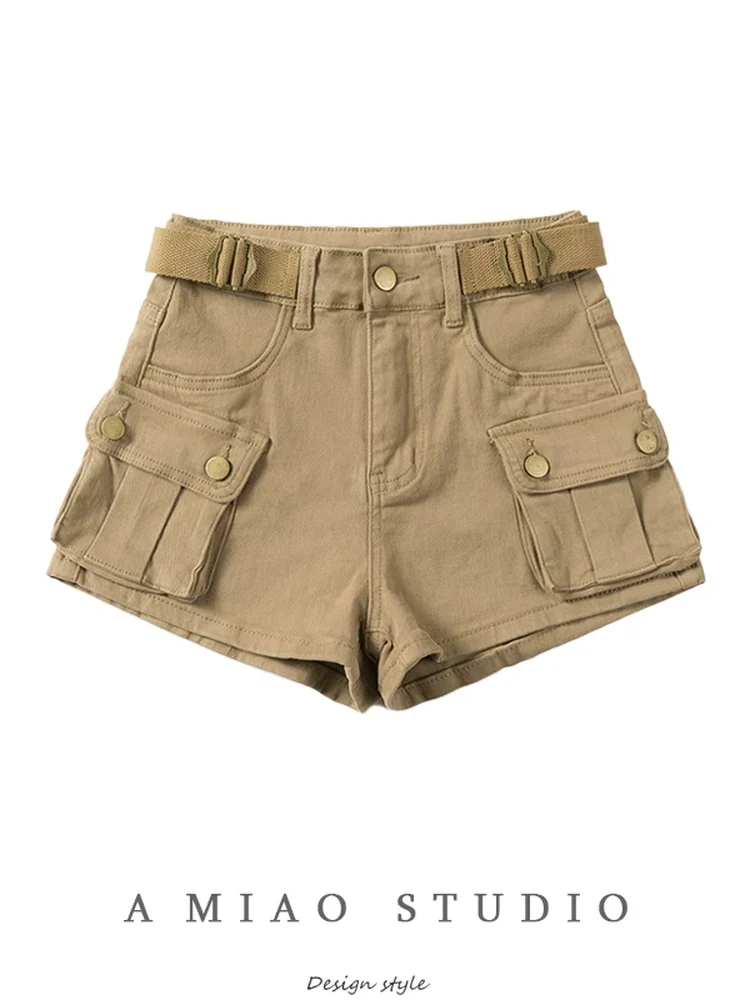 American Retro High Waist Shorts Utility Style Large Pockets Khaki Color Casual Pants Long Leg Effect Hot Pants Women's Jeans