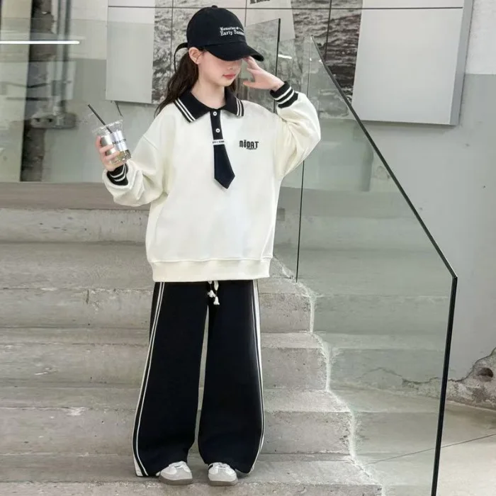 2026 autumn Girls tracksuit cloth children set Kids loose t-shirt top tie JK sweatshirt + striped pant 4 8 10 14 15 years teens