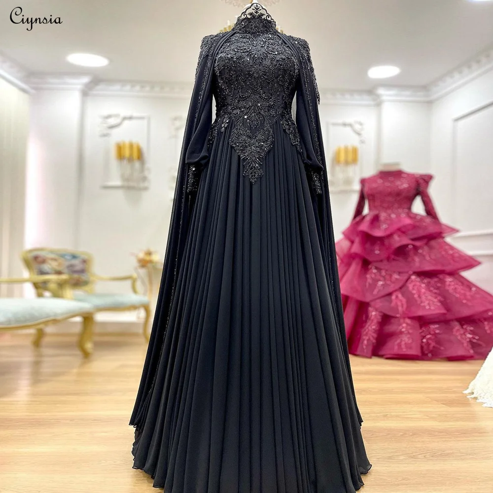 Ciynsia Arabic Muslim Black Long Sleeve Wedding Dress Women Elegant Luxury Bridal Dresses with Cape Lace Bead Chiffon Bride Gown