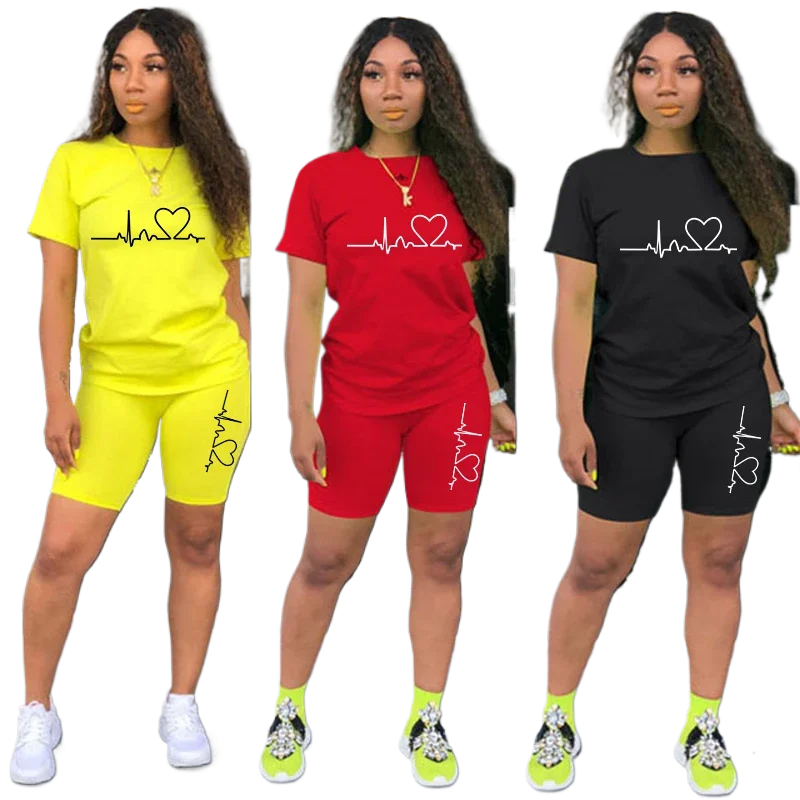 

Summer Women Tracksuit Casual Two Piece Set T-Shirts and Shorts Printed Fitness Solid Color Short Sleeve Top Tees Female Outfits