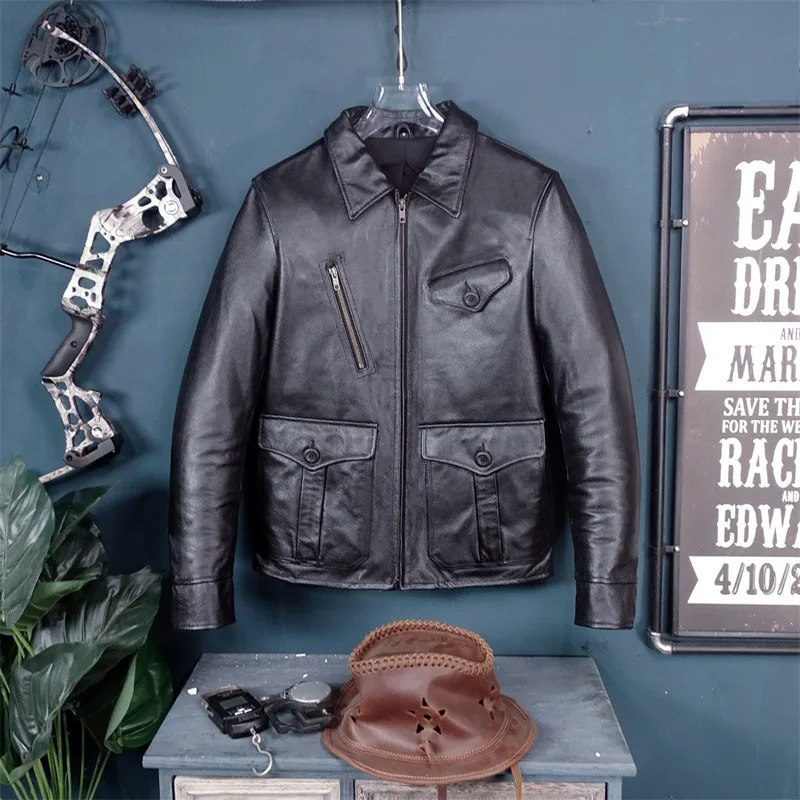 

Casual Faion Urban Sle ort Leather Jaet Мужское байкерское пальто с откидным воротником и верхним слоем из воловьей кожи