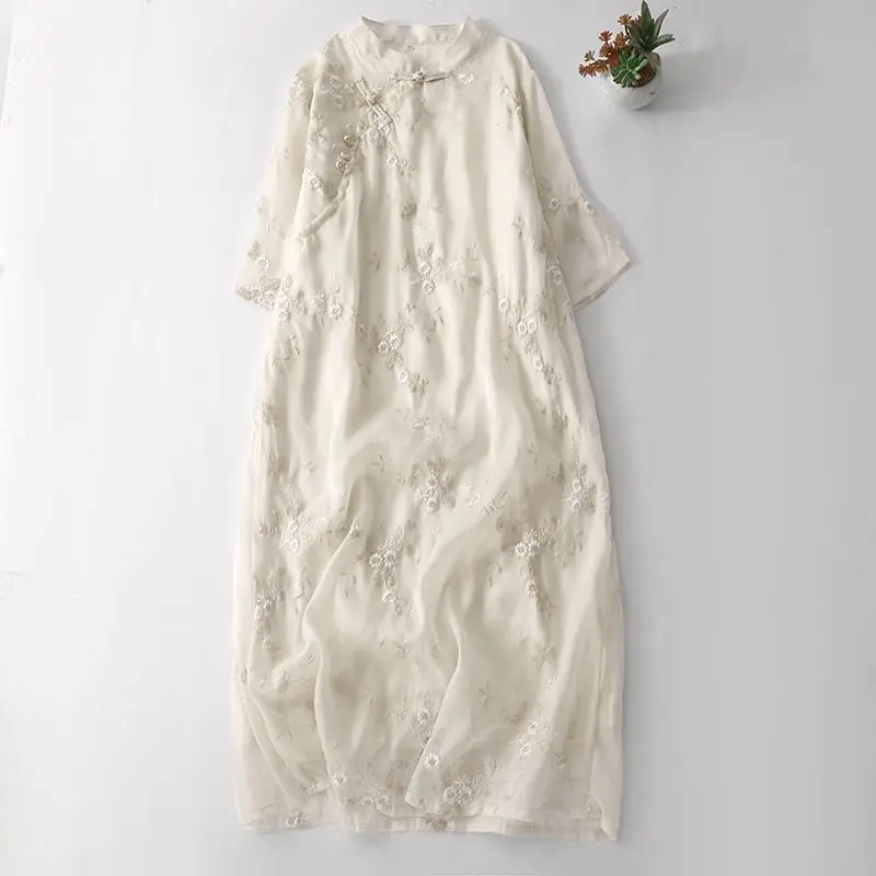

2025 new chinese retro style embroidery button-up cheongsam dress women summer cotton and linen a-line long loose qipao dress