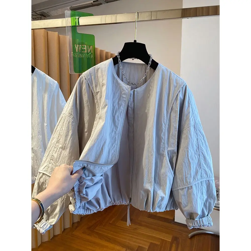 Wrinkle Design Round Neck Short Jacket For Women'S Spring New Korean Version Loose Casual High-End Jacket Top
