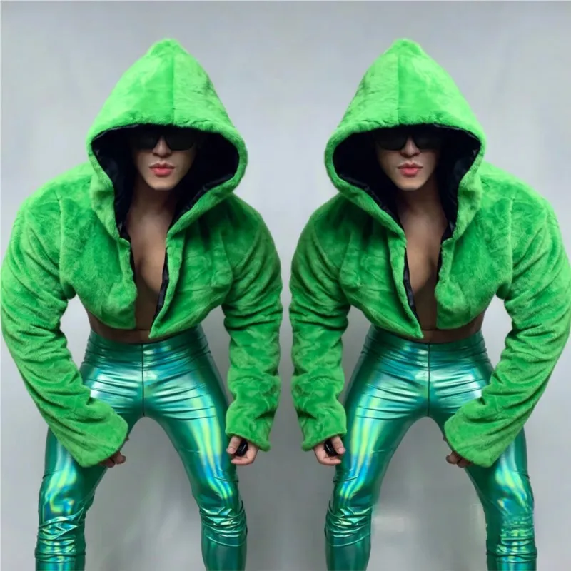 S-4XL Men's Green Fur Coat Bar Sexy Leading Dance Wear Jazz Hiphop pants Stage Wear Party Show Performance Coat