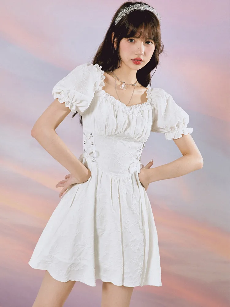 

French Romantic Square Neck Jacquard Ruffles Bodycon Dress Summer 2022 Puff Sleeve Ruched Elegant High Waist Slim Mini Dress