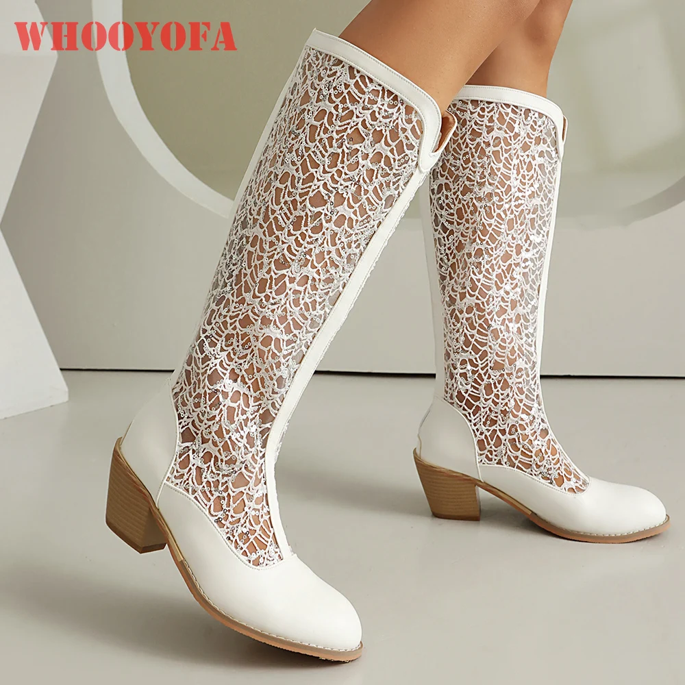 

2025 New Autumn Mature White Black Women Knee High Boots 6cm High Square Heels Lady Casual Shoes Plus Big Size 43 45