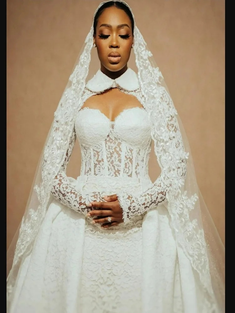 

Customized High Collar African See Through Lace Wedding Dress Vestidos De Novia Full Sleeves Bridal Dress with Removable Skirt
