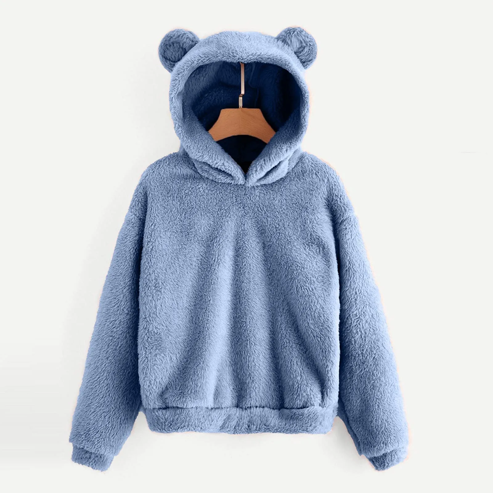 

Women's Winter Long Sleeve Solid Color Fleece Sweatshirt Warm Cute Bear Ear Shape Fuzzy Hoodie Pullover Oversized Sweaters