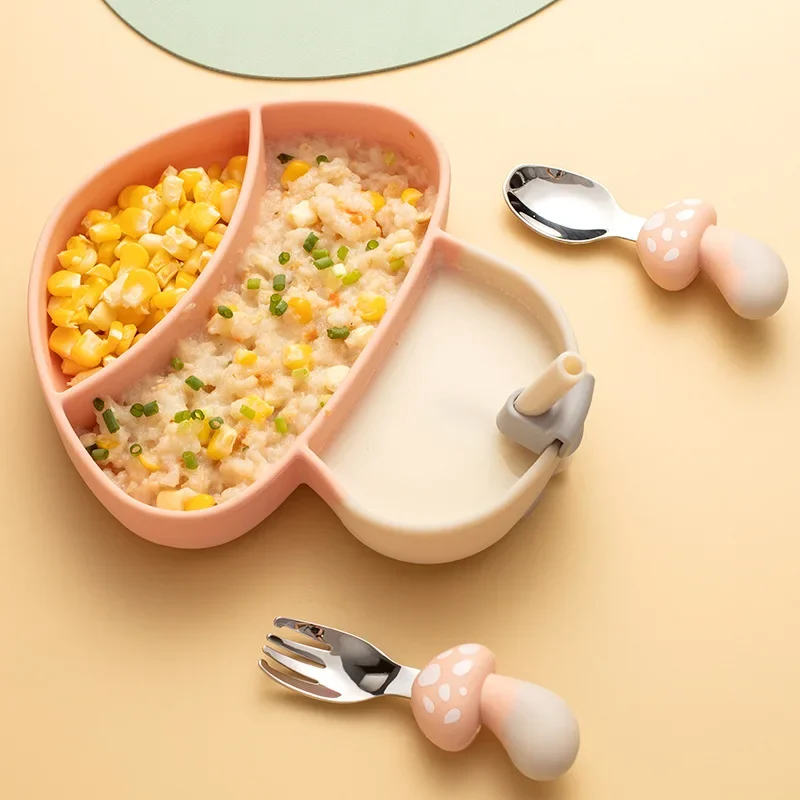 Clearance sale pink Baby Feeding Set Silicone Sucker Dining Plate Mushroom Children Dishes Tableware Feeding Bowl 304 Spoon Fork