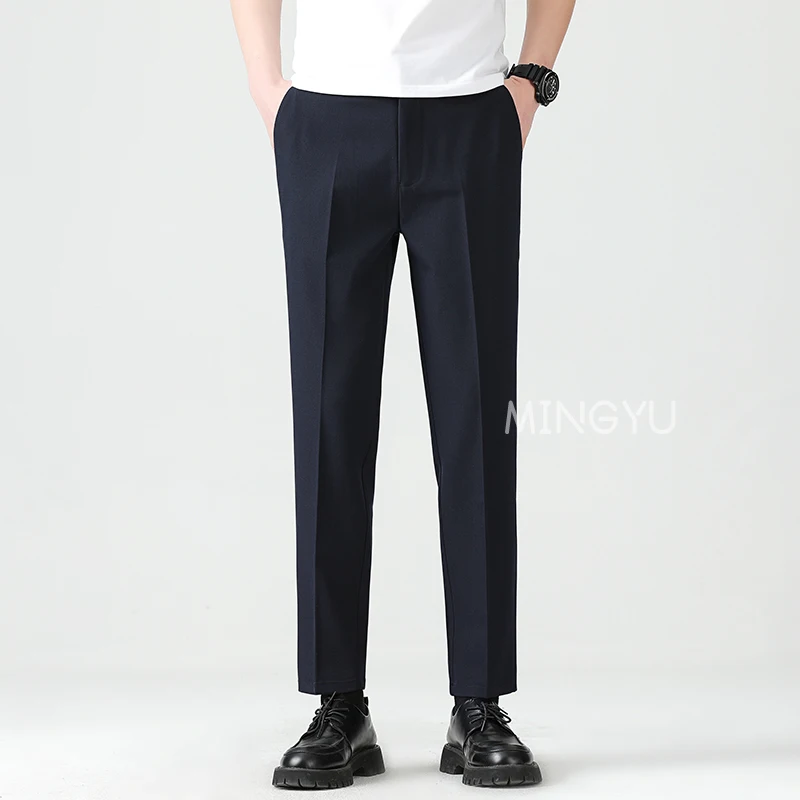 High Quality Lyocell Blend Summer Ankle Length Pants Men Business Elastic Waist Formal Suit Korean Social Work Trousers Male 40