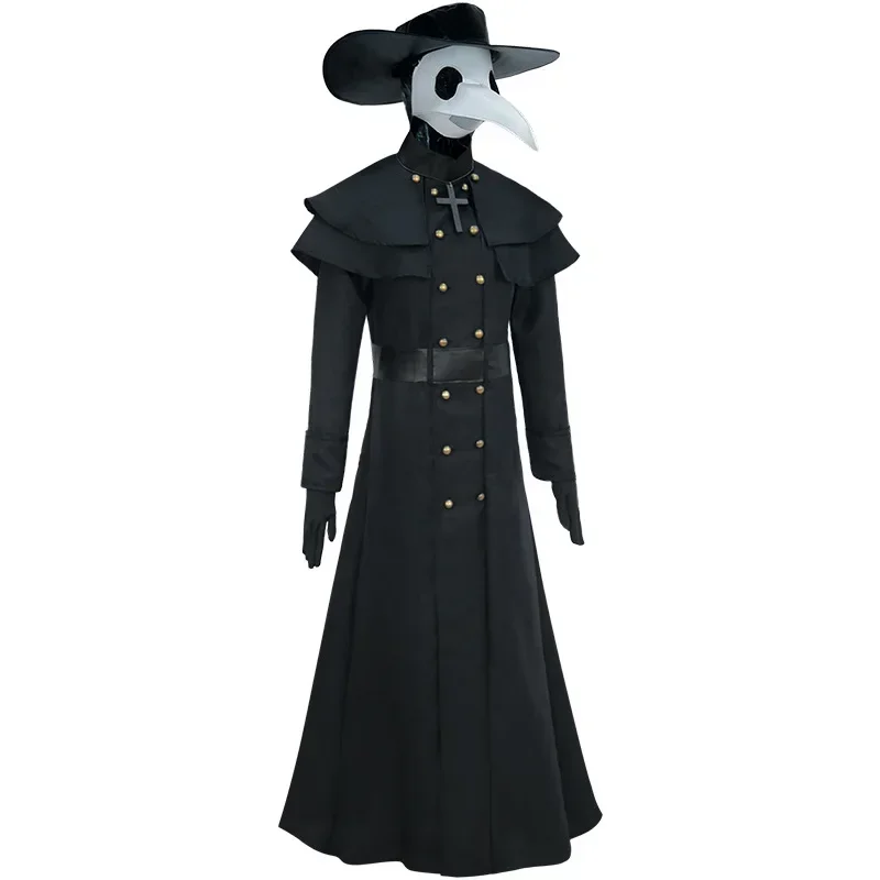 Medieval Hooded Robe Horror Plague Doctor Costume With Beak Mask Black Cape Robe Cosplay Steampunk Priest Wizard Cloak Halloween