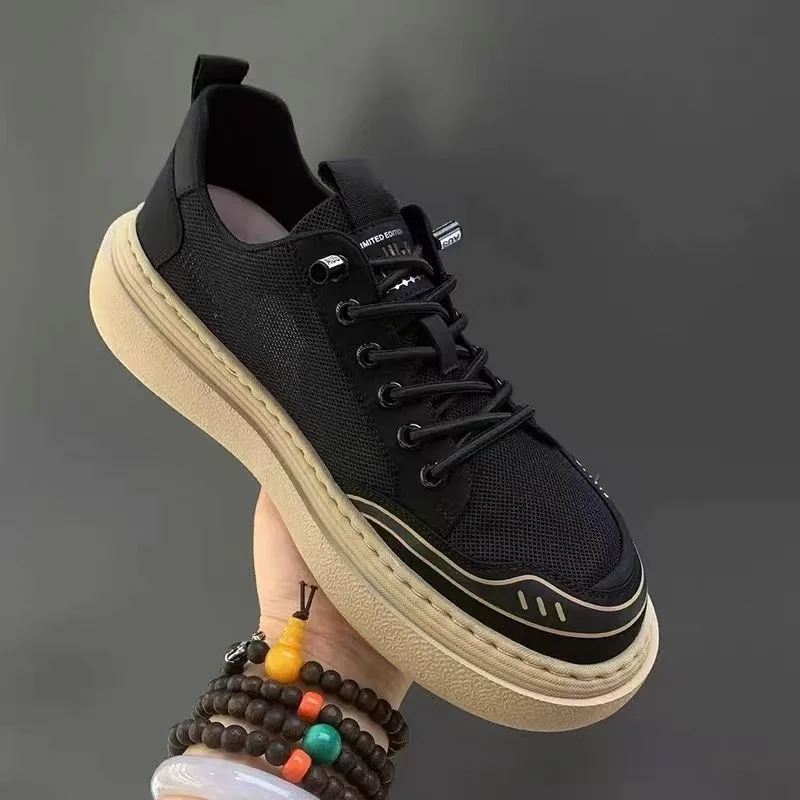 Men Mesh Breathable Casual Skate Shoe Elastic No‑Tie Slip On Low Top Sneakers Thick  Sole Fashion Footwear Daily Walking Commute