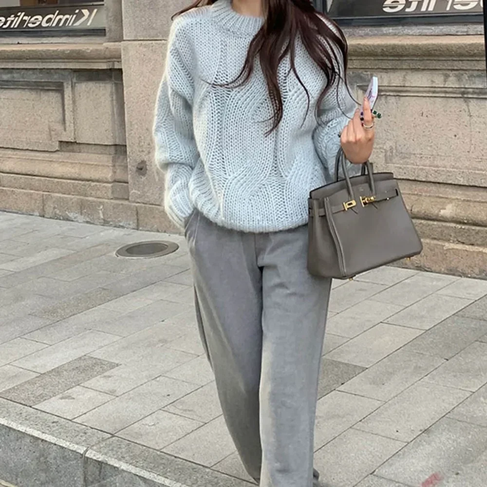 Women Crew Neck Cable Knit Pullover Sweater Autumn Winter Solid Thick Knit Casual Ladies Top Warm Cozy