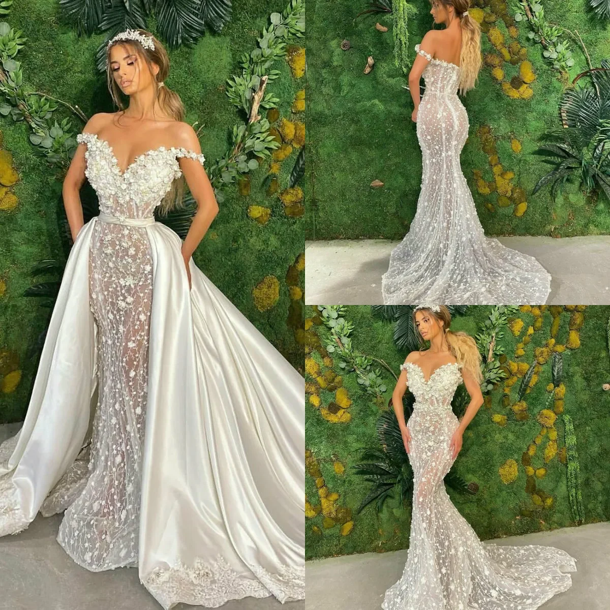

Customized Luxury Mermaid Lace Bead Embroidery 3D Flower Women's Wedding Dress V-neck and Detachable Skirt Sexy Bridal Dress
