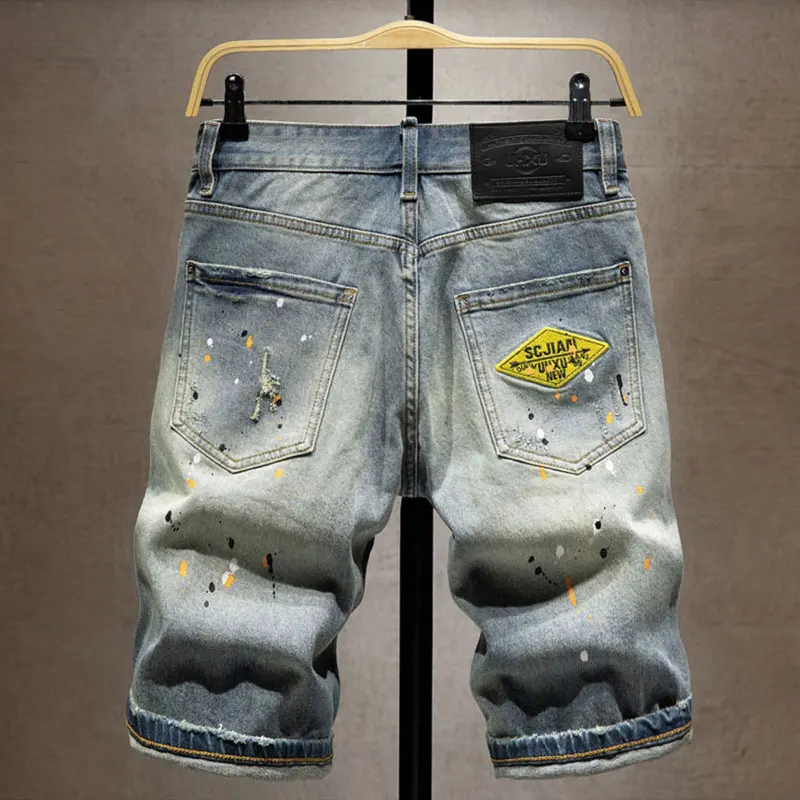 Été concepteur de mode hommes jean rétro lavé bleu extensible peint déchiré jean court hommes Vintage décontracté Denim Shorts Hombre