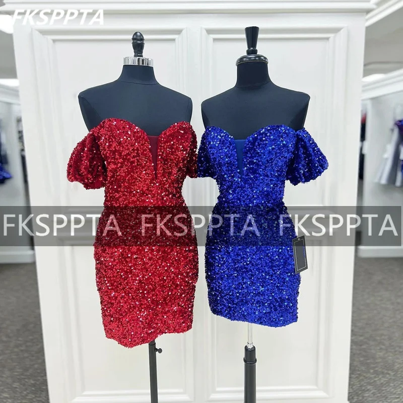 

Bling Short Prom Dresses Sheath Off The Shoulder Elastic Sequins Homecoming Gowns For Wedding Party Wholesale Robe De Soiree