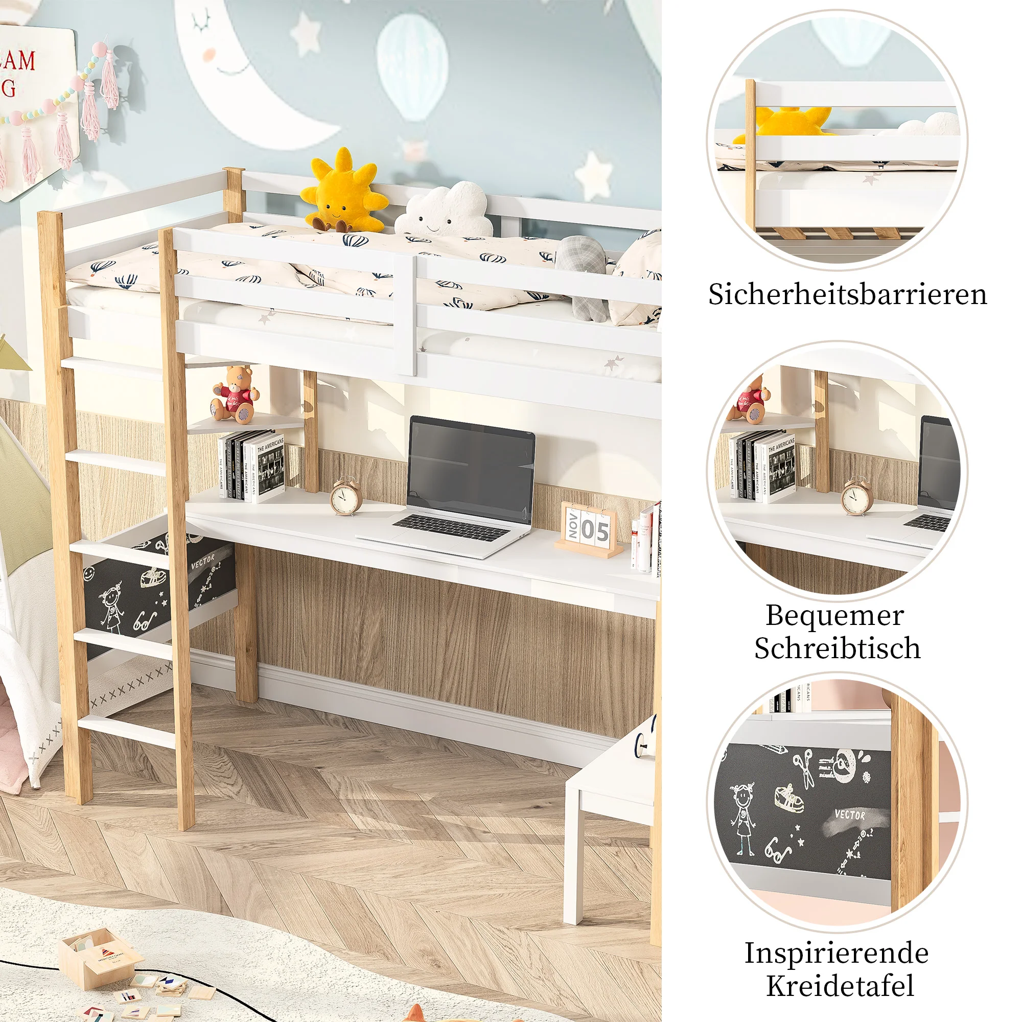 90x200 cm Kinderbett Hochbett mit Schreibtisch, Tafel und Regalen mit Lattenrost und Fallschutz-Einzelbett