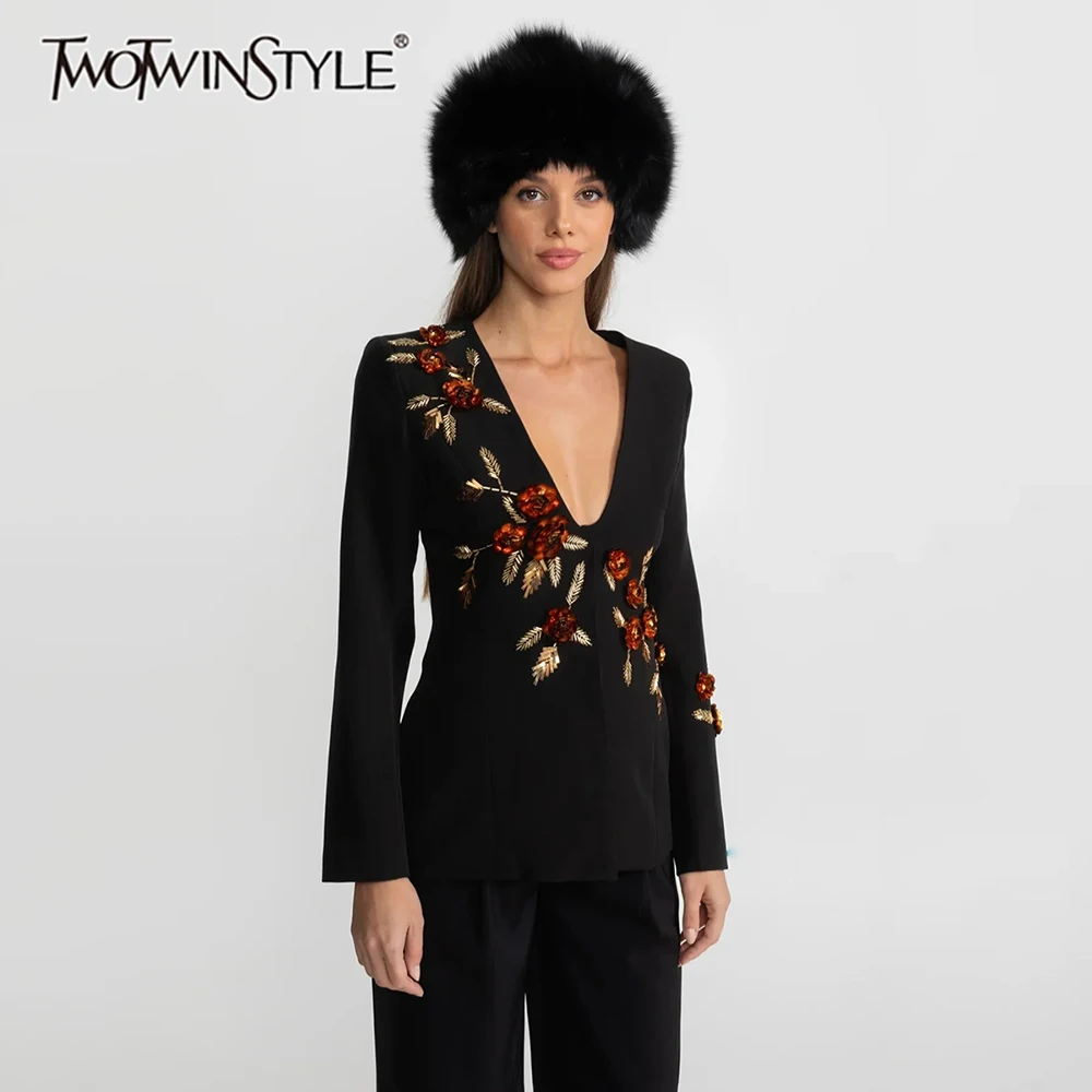 

TWOTWINSTYLE Solid Slimming Spliced Beading Elegant Blazers for Women U Neck Long Sleeve Tunic Patchwork 3D Flower Blazer Female