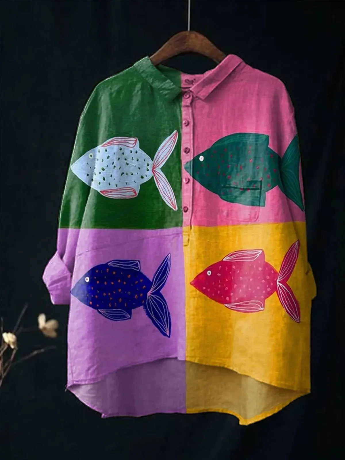 New Artistic Ethnic Style Colorful Fish School Print Men's Shirt Blue Wavy Loose Collar Seven Quarter Sleeve Shirt