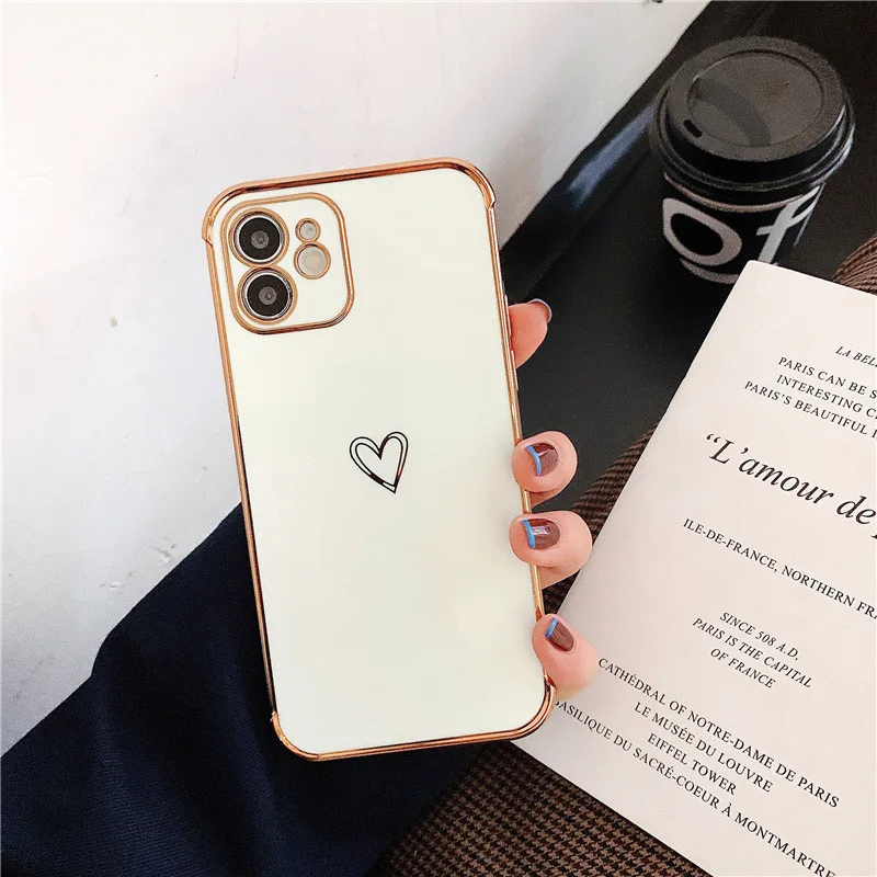 Cute Love Heart Gold Plating Soft TPU Cover for iPhone 16 15 11 12 13 14 Pro 7 8 Plus X Xs Xr Mini SE 2 Airbag Shockproof Case