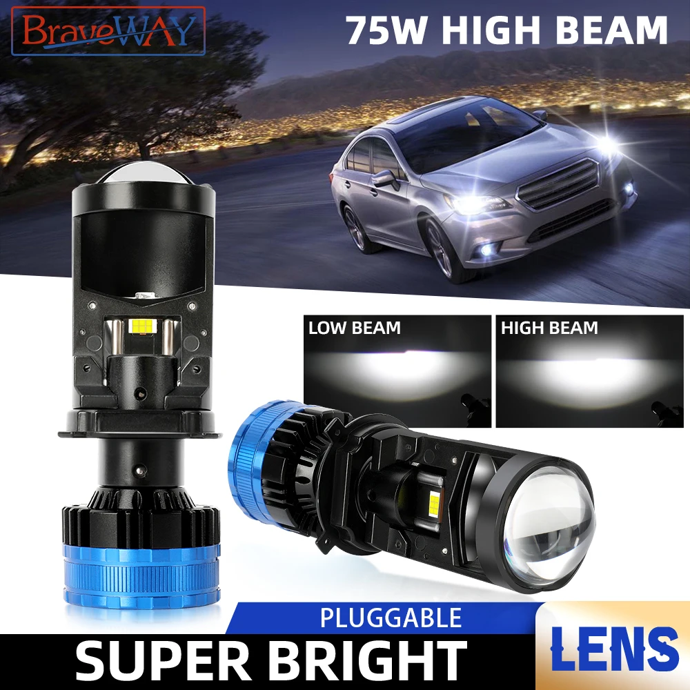 BraveWAY [NEW] H4 LED Projector Headlight Bulb for Car/Motorcycle, H4 Light Bulb Lens Perfect Cut-off Line Double Copper Tubes