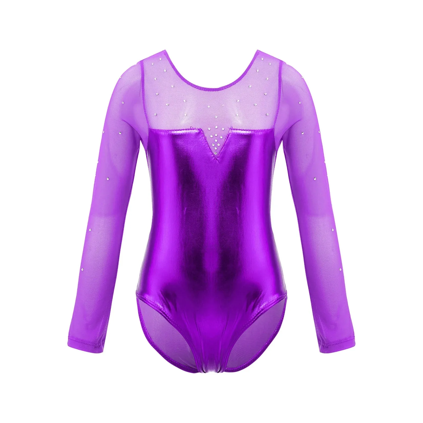 Girls Metallic Ballet Jersey Tulle Costume Sheer Sparkly Rhinestones Adorned Kids Rhythmic Gymnastics Leotards Ballet Dance Wear