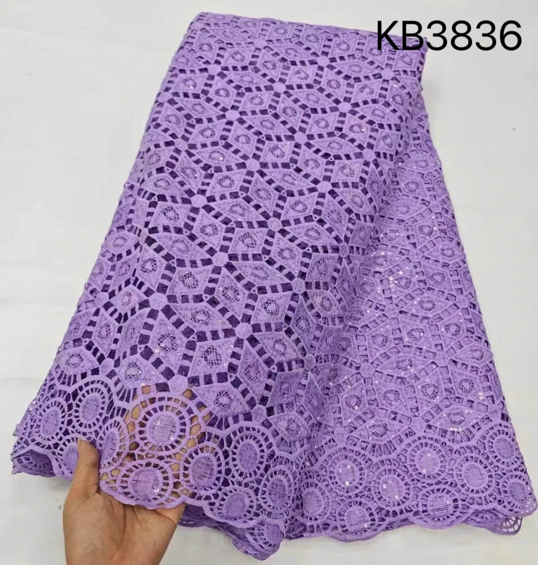 

YALISI African Sequins Lace Fabric High Quality Nigerian Water Souble Sequins Lace Fabric Guipure Cord Lace for Wedding KB3836